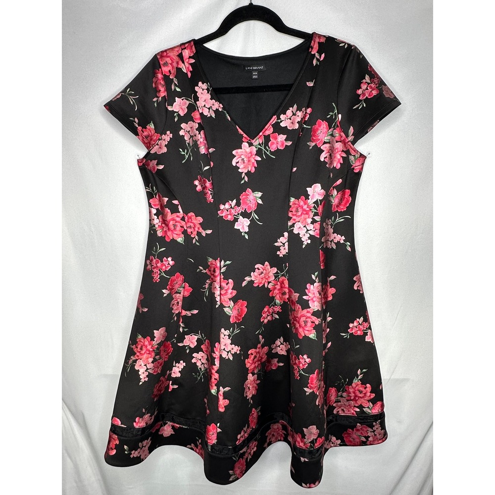 Lane Bryant Black Metallic Pink Floral V-Neck Fit Flare Dress Plus Size 18/20